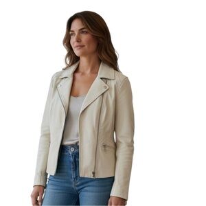 Prague White Genuine Leather Jacket Zip Front Blazer Style Women’s Size L
